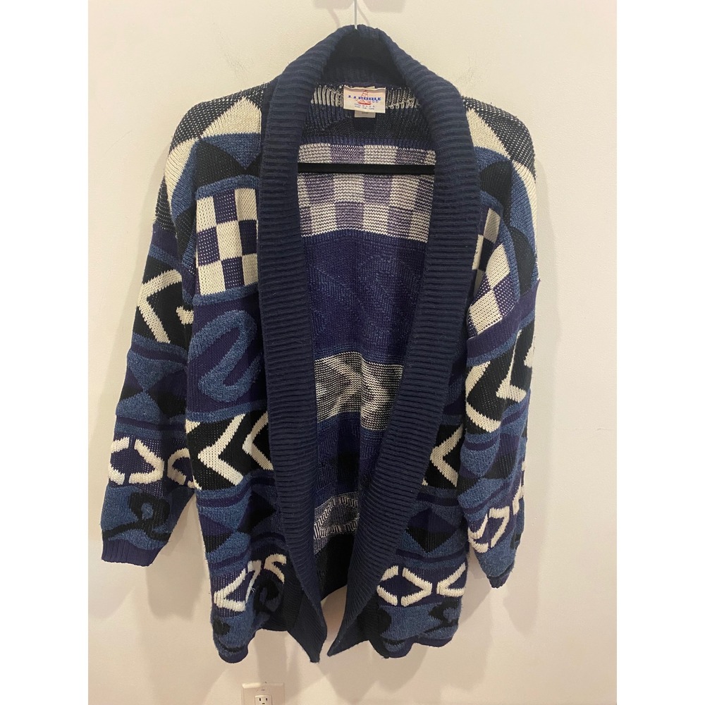Vintage 90's Coogi Style Grandpacore‎ Blue & White Medium Men's Cardigan Sweater